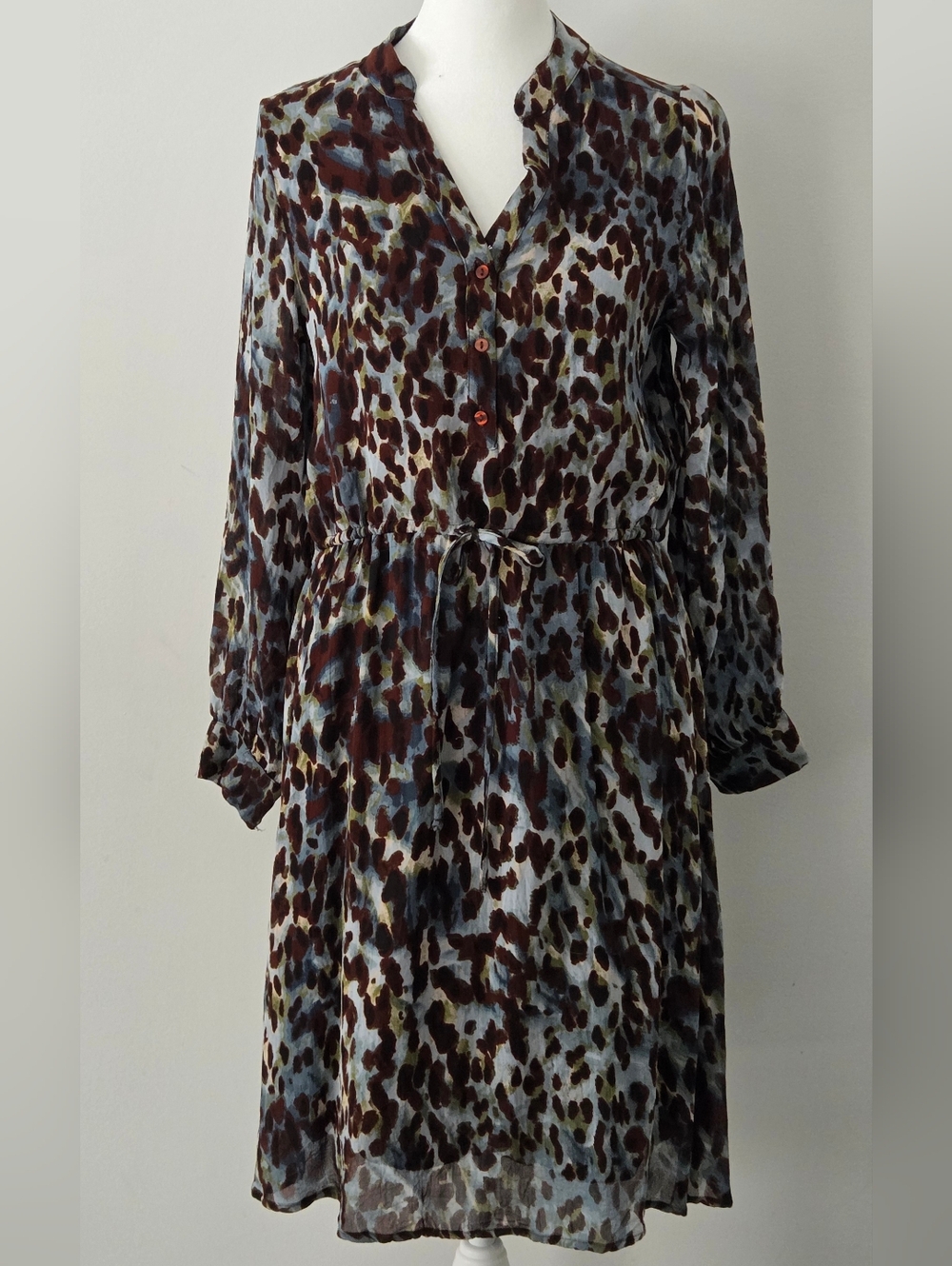 ESQUALO Long Sleeve Tie-Waist Animal Print Dress in Brown and Blue